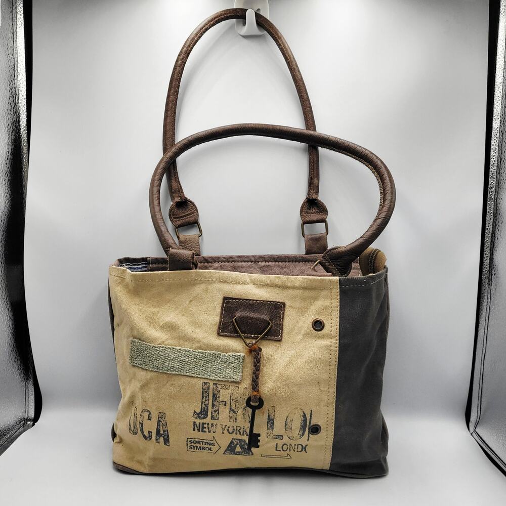 "DCA JFK LONDON" Airport Theme Brown Two Toned Canvas Leather Handles Tote Bag